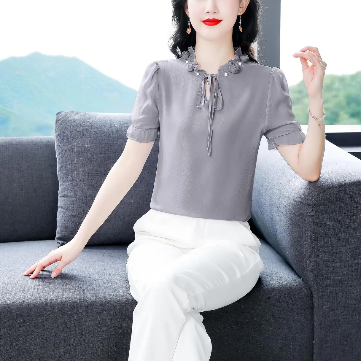 Solid Ruched Sleeve Satin Blouse for Elegant Occasions
