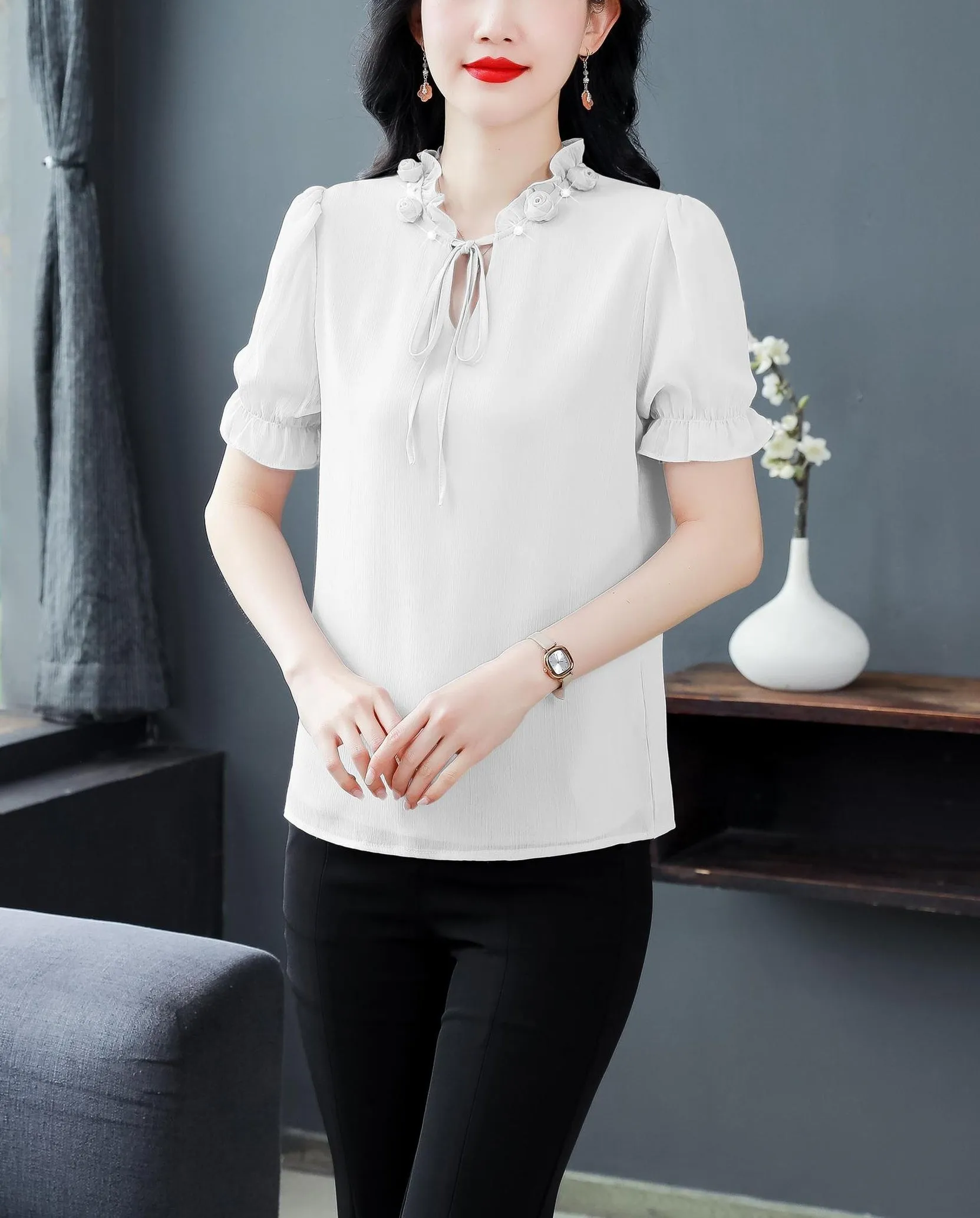 Solid Ruched Sleeve Satin Blouse for Elegant Occasions