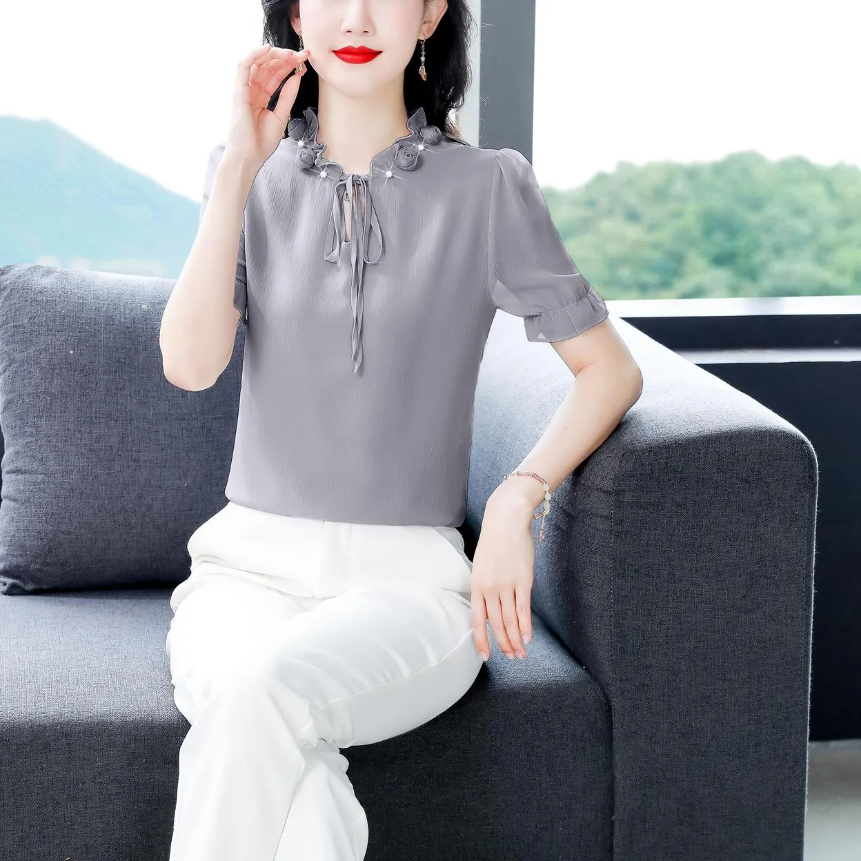 Solid Ruched Sleeve Satin Blouse for Elegant Occasions