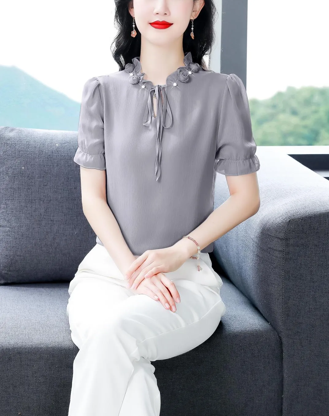 Solid Ruched Sleeve Satin Blouse for Elegant Occasions