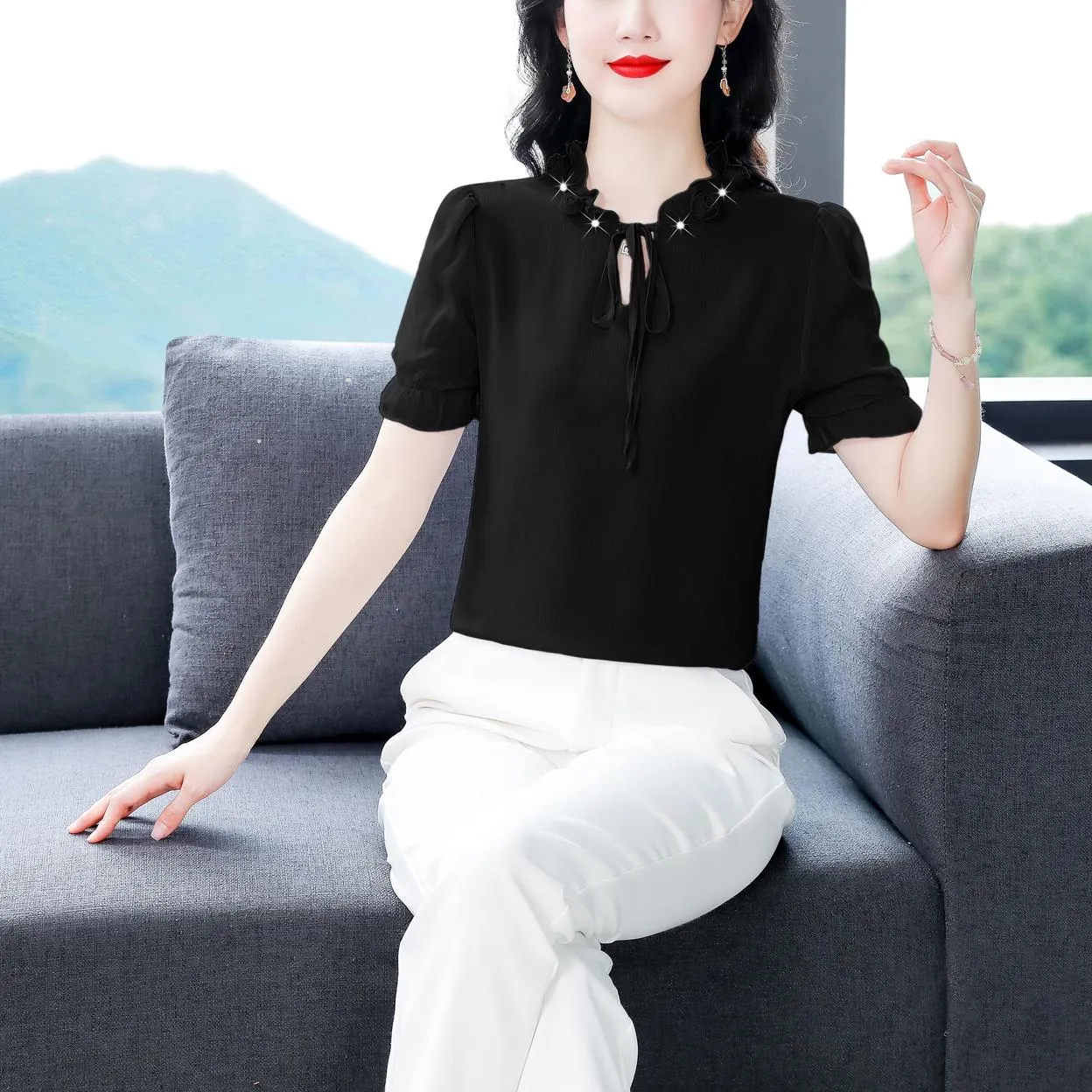 Solid Ruched Sleeve Satin Blouse for Elegant Occasions