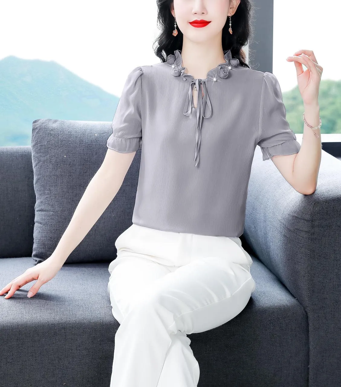 Solid Ruched Sleeve Satin Blouse for Elegant Occasions