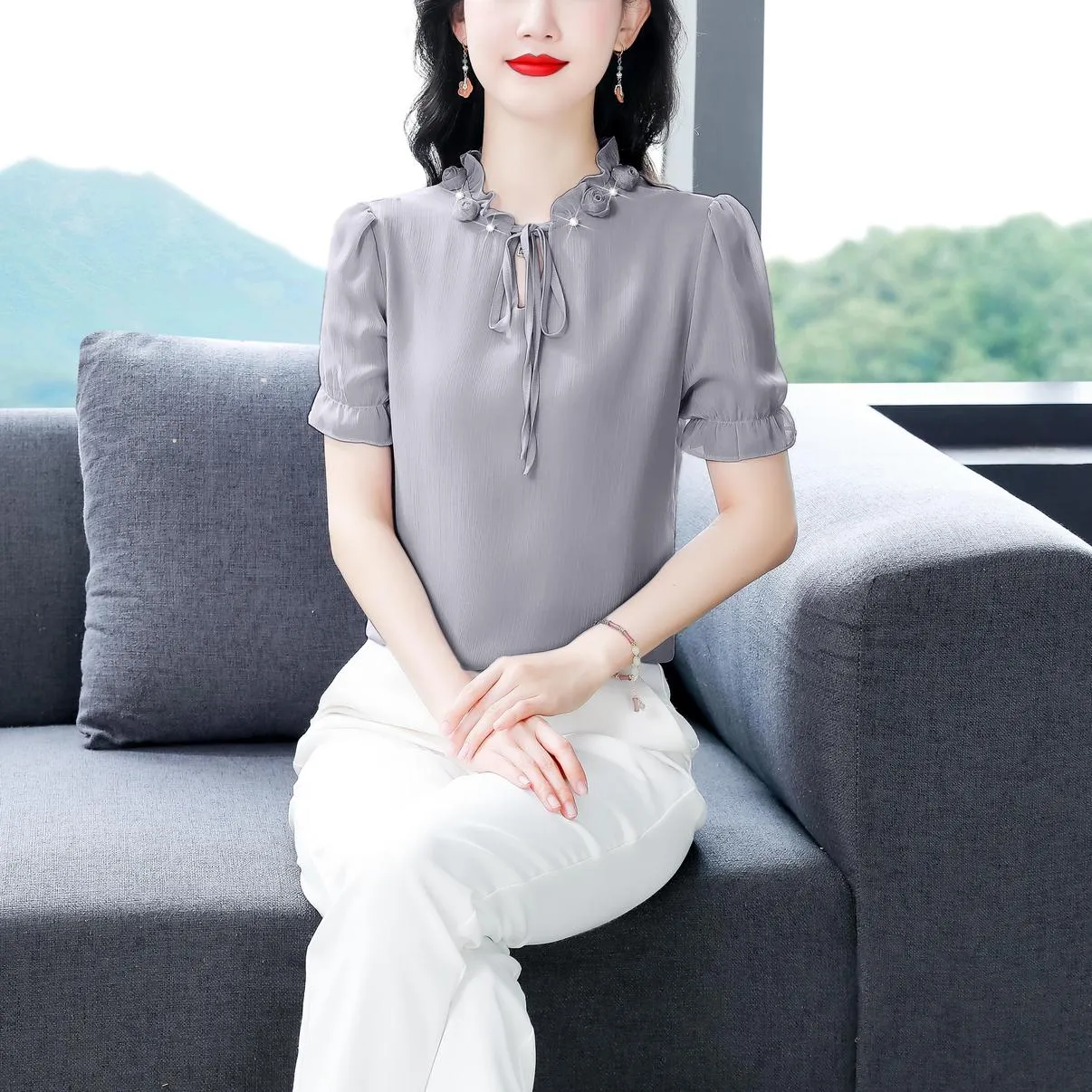 Solid Ruched Sleeve Satin Blouse for Elegant Occasions