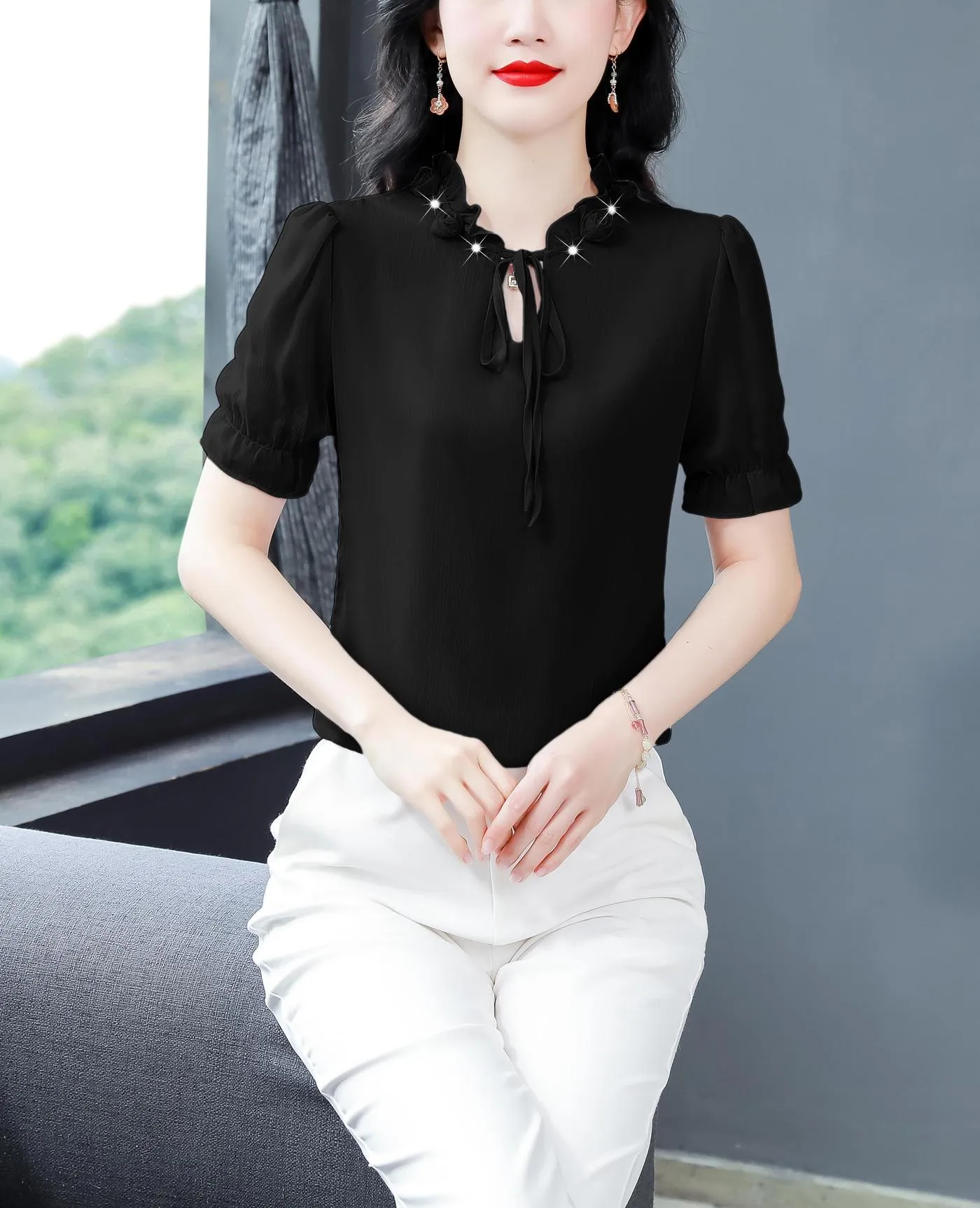 Solid Ruched Sleeve Satin Blouse for Elegant Occasions