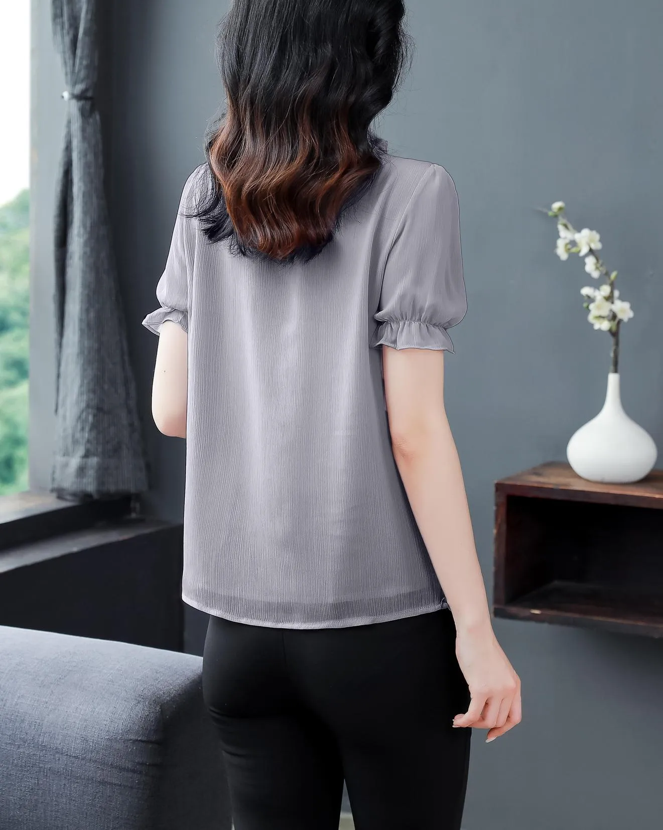 Solid Ruched Sleeve Satin Blouse for Elegant Occasions