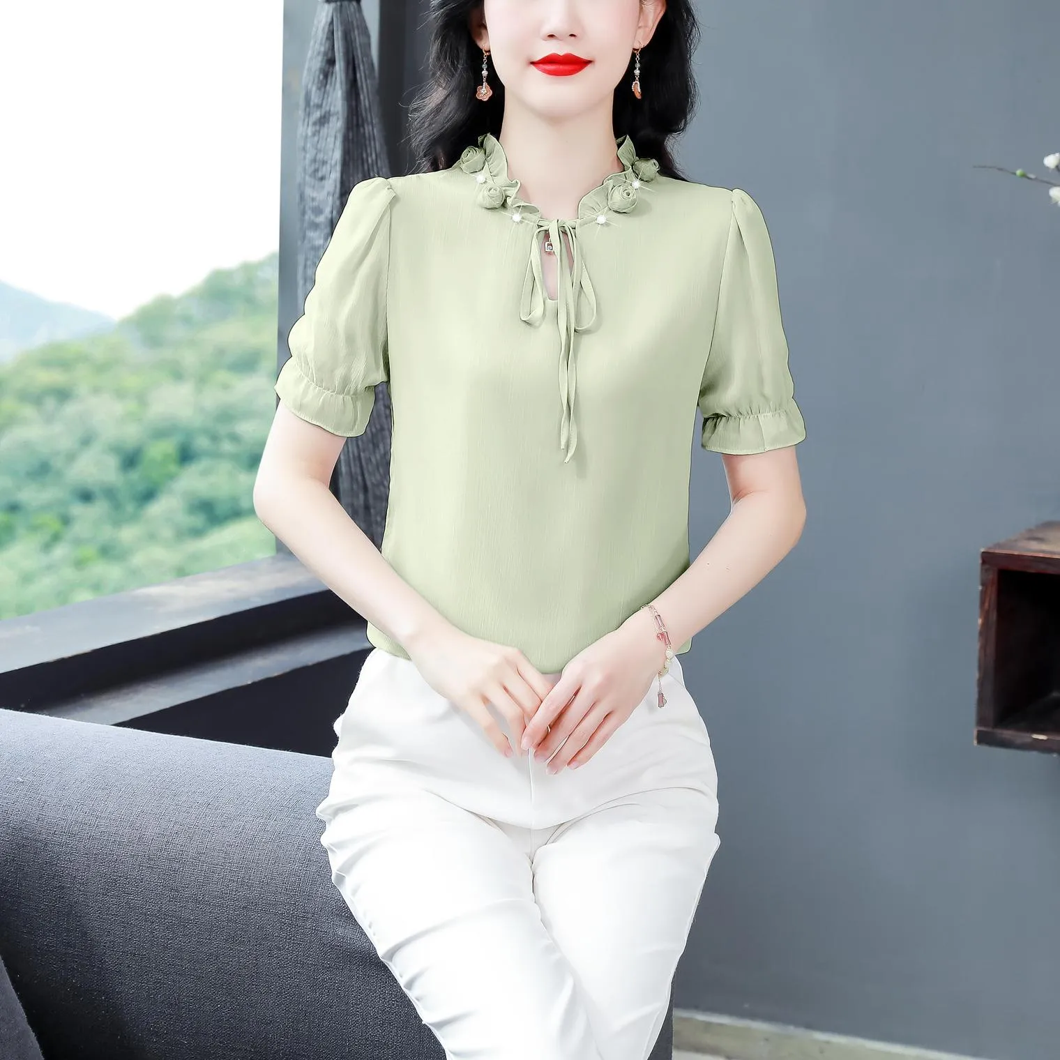 Solid Ruched Sleeve Satin Blouse for Elegant Occasions