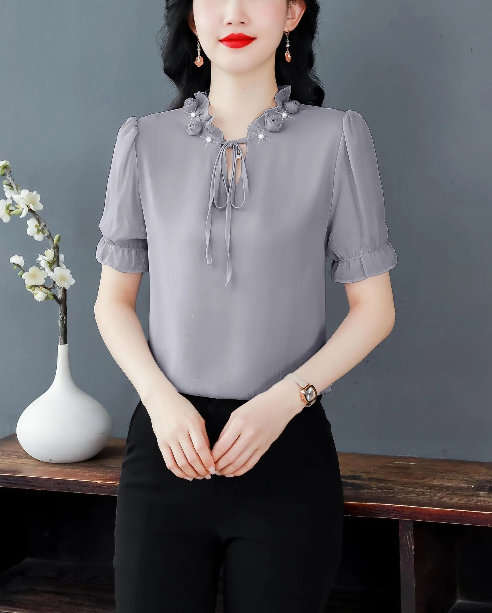 Solid Ruched Sleeve Satin Blouse for Elegant Occasions