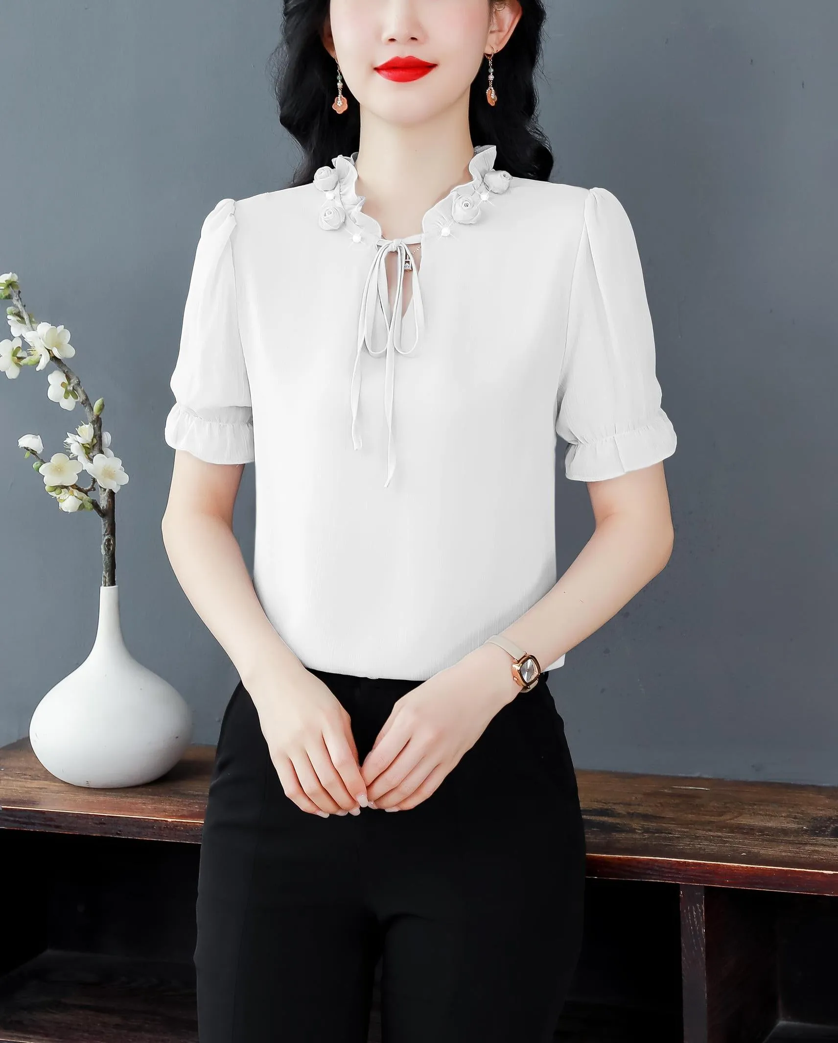 Solid Ruched Sleeve Satin Blouse for Elegant Occasions