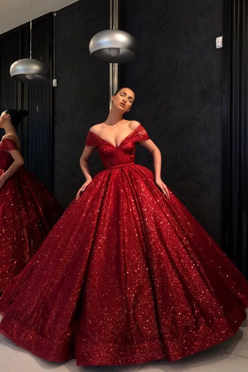 Sparkling Sequin Red Ball Gown Prom Dress Off-the-shoulder Neckline
