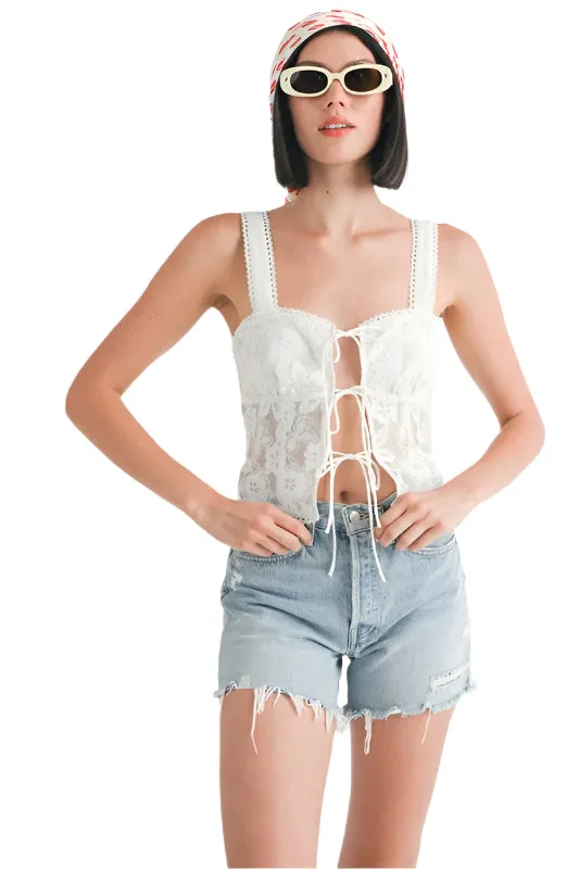 Square Neck Floral Lace Front Tie Top