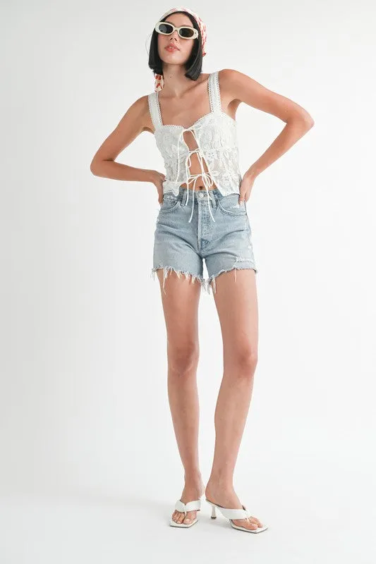 Square Neck Floral Lace Front Tie Top