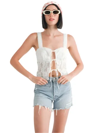 Square Neck Floral Lace Front Tie Top
