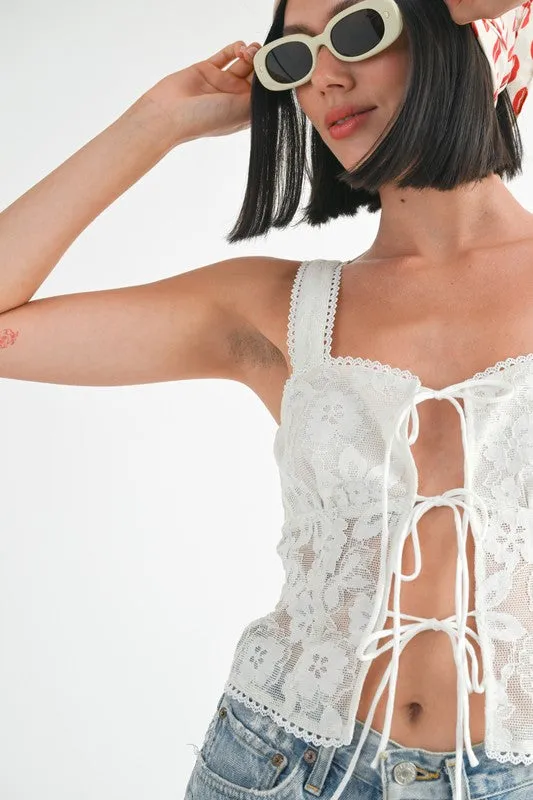 Square Neck Floral Lace Front Tie Top