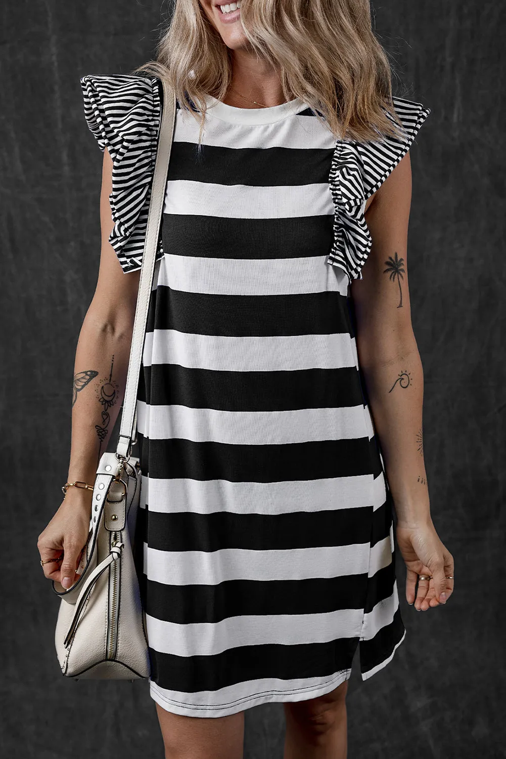 Striped T-shirt Dress with Ruffled Sleeves