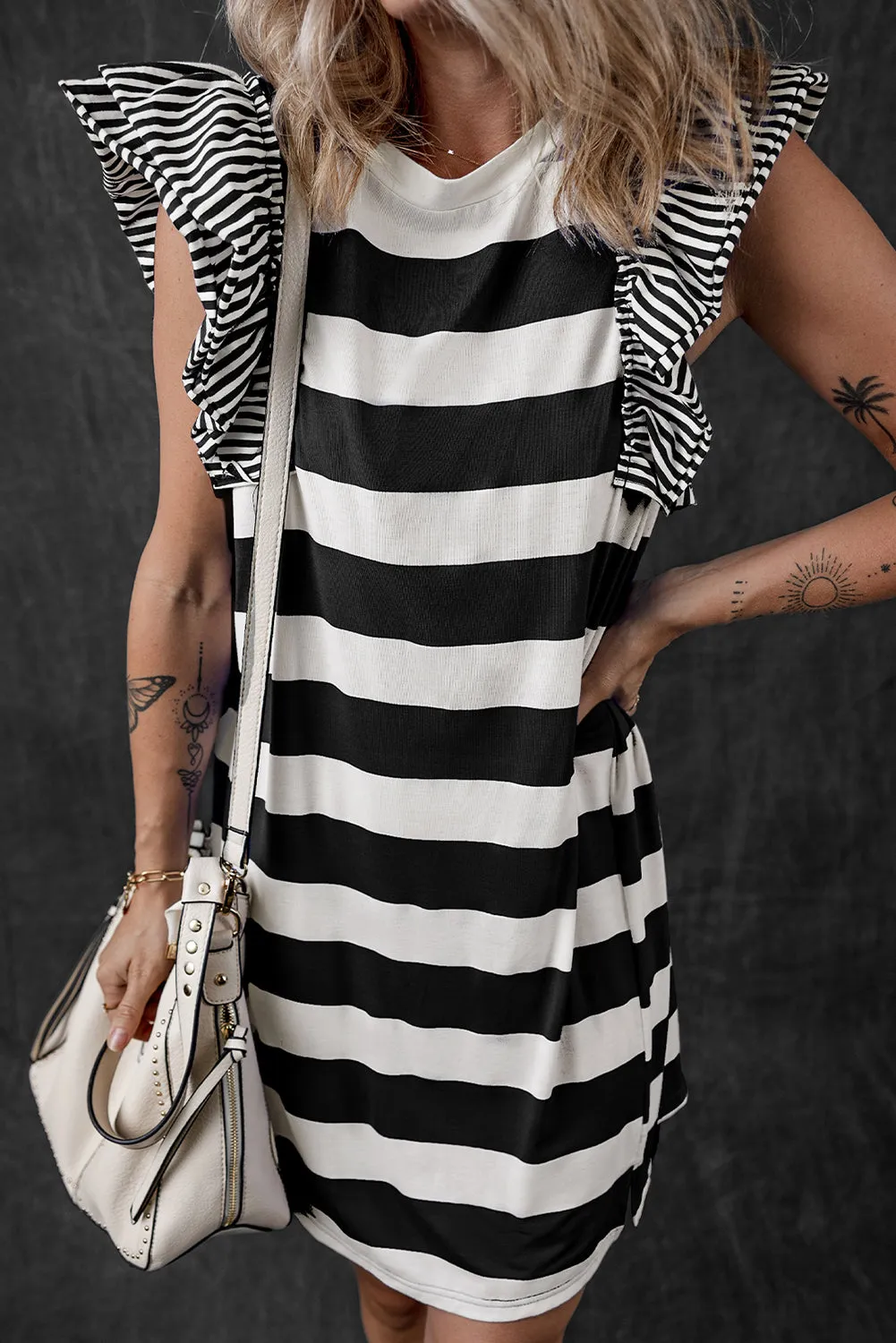 Striped T-shirt Dress with Ruffled Sleeves