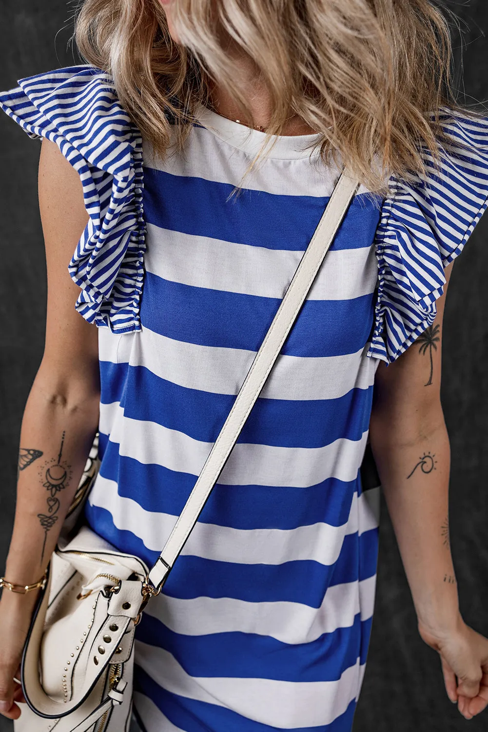 Striped T-shirt Dress with Ruffled Sleeves