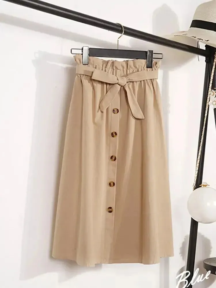Summer Autumn Skirts Womens Midi Knee Length Korean Elegant Button High Waist Skirt Female Pleated School Skirt