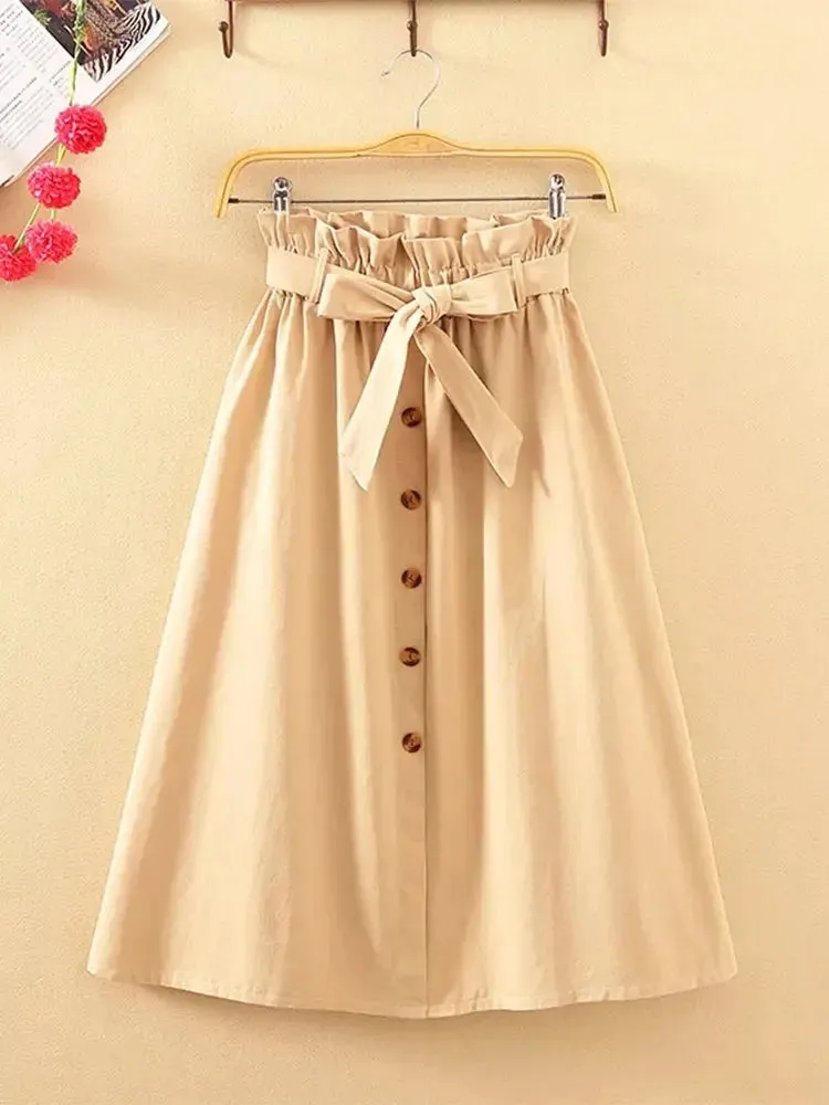 Summer Autumn Skirts Womens Midi Knee Length Korean Elegant Button High Waist Skirt Female Pleated School Skirt