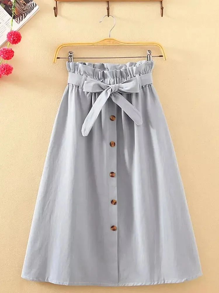 Summer Autumn Skirts Womens Midi Knee Length Korean Elegant Button High Waist Skirt Female Pleated School Skirt