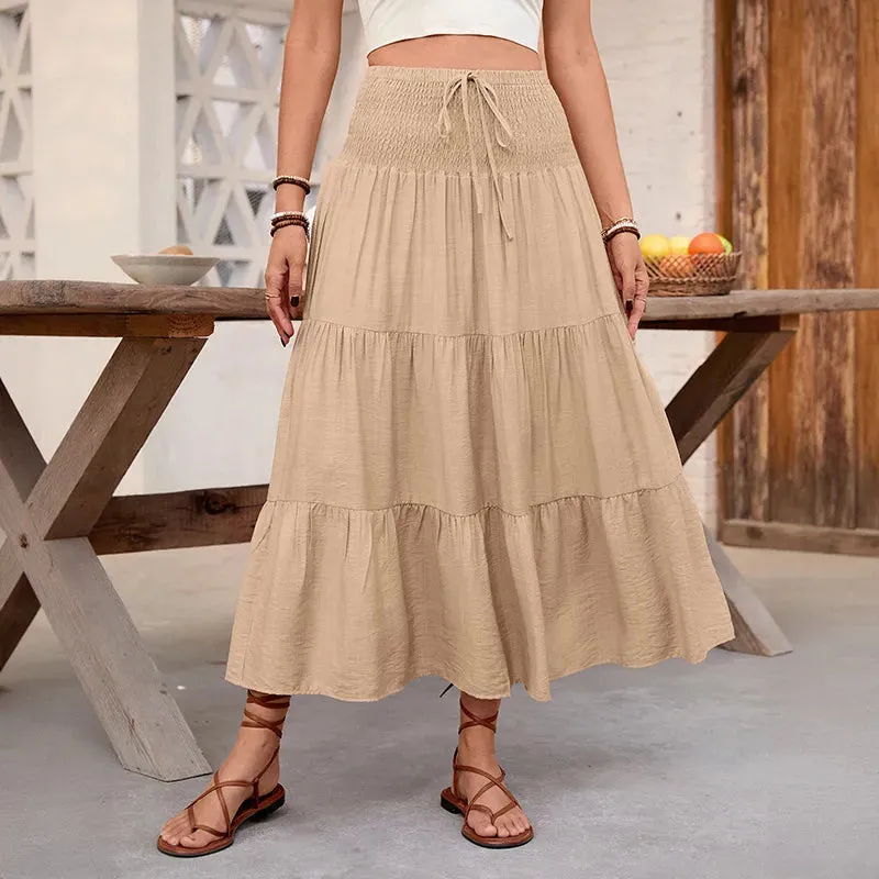 Summer Casual Solid Color Artificial Cotton Nylon Midi Dress Skirts