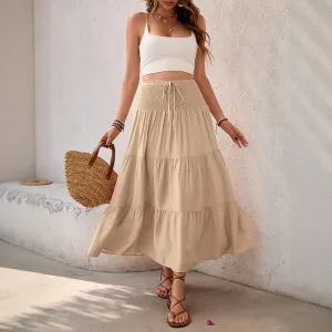 Summer Casual Solid Color Artificial Cotton Nylon Midi Dress Skirts