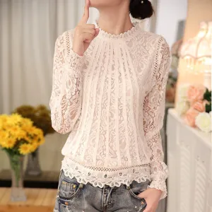 Summer Ladies White Blusas Women's Long Sleeve Chiffon Lace Crochet Tops Blouses Women Clothing Feminine Blouse 51C