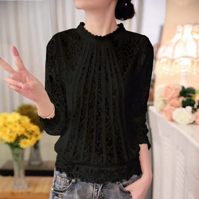 Summer Ladies White Blusas Women's Long Sleeve Chiffon Lace Crochet Tops Blouses Women Clothing Feminine Blouse 51C