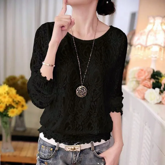 Summer Ladies White Blusas Women's Long Sleeve Chiffon Lace Crochet Tops Blouses Women Clothing Feminine Blouse 51C