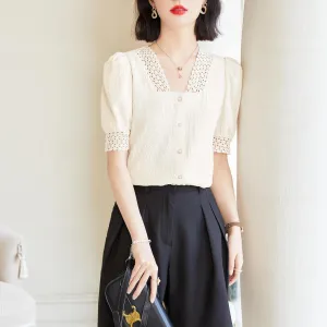 Sweet and Stylish V-Neck Eyelet Blouse for Trendy Women