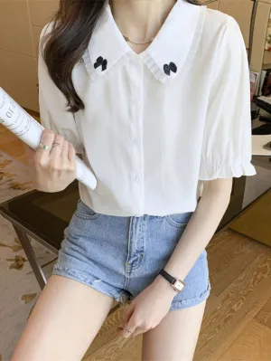 Sweet Lolita Blouses White Lolita Top Short Sleeves Bows Lace Lolita Shirt
