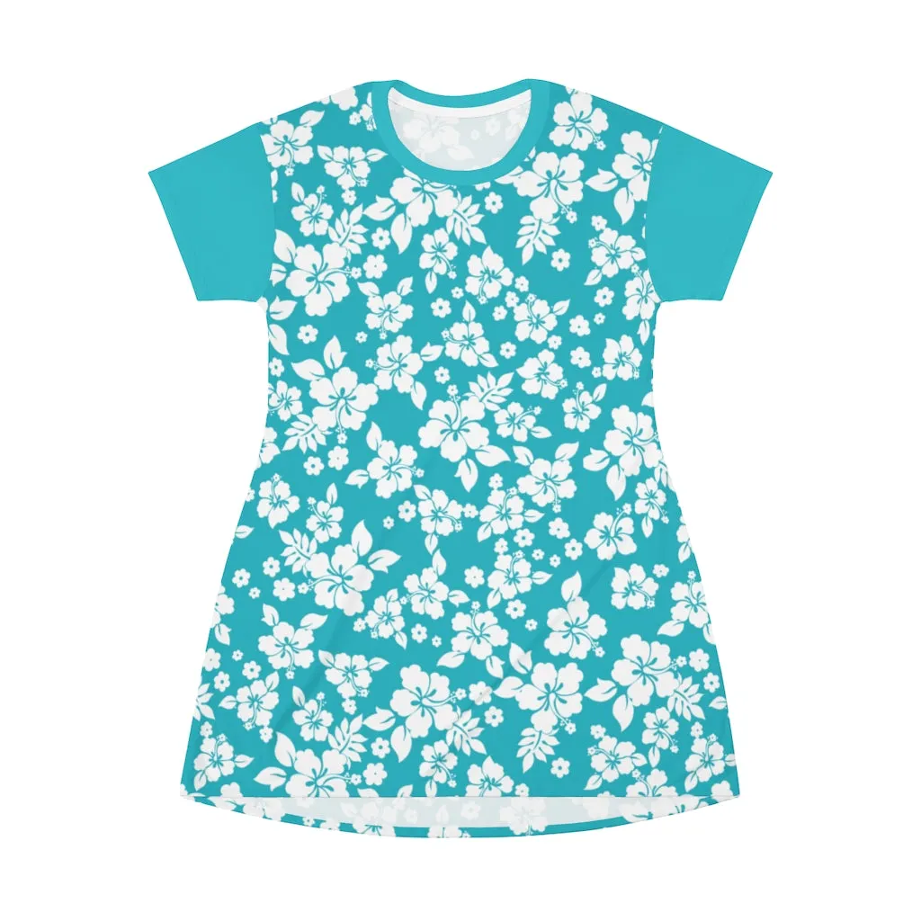 Teal and White Hibiscus Pattern T-Shirt Dress