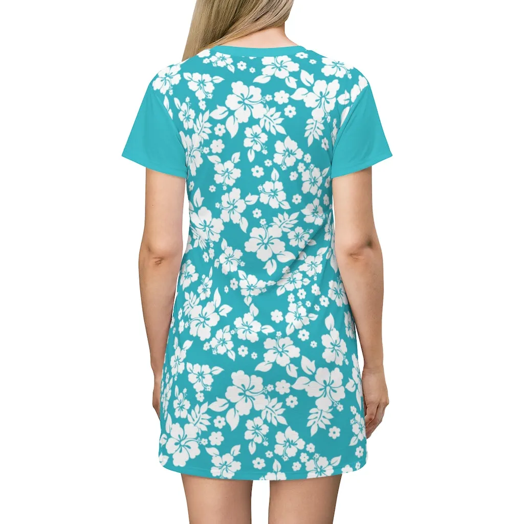 Teal and White Hibiscus Pattern T-Shirt Dress