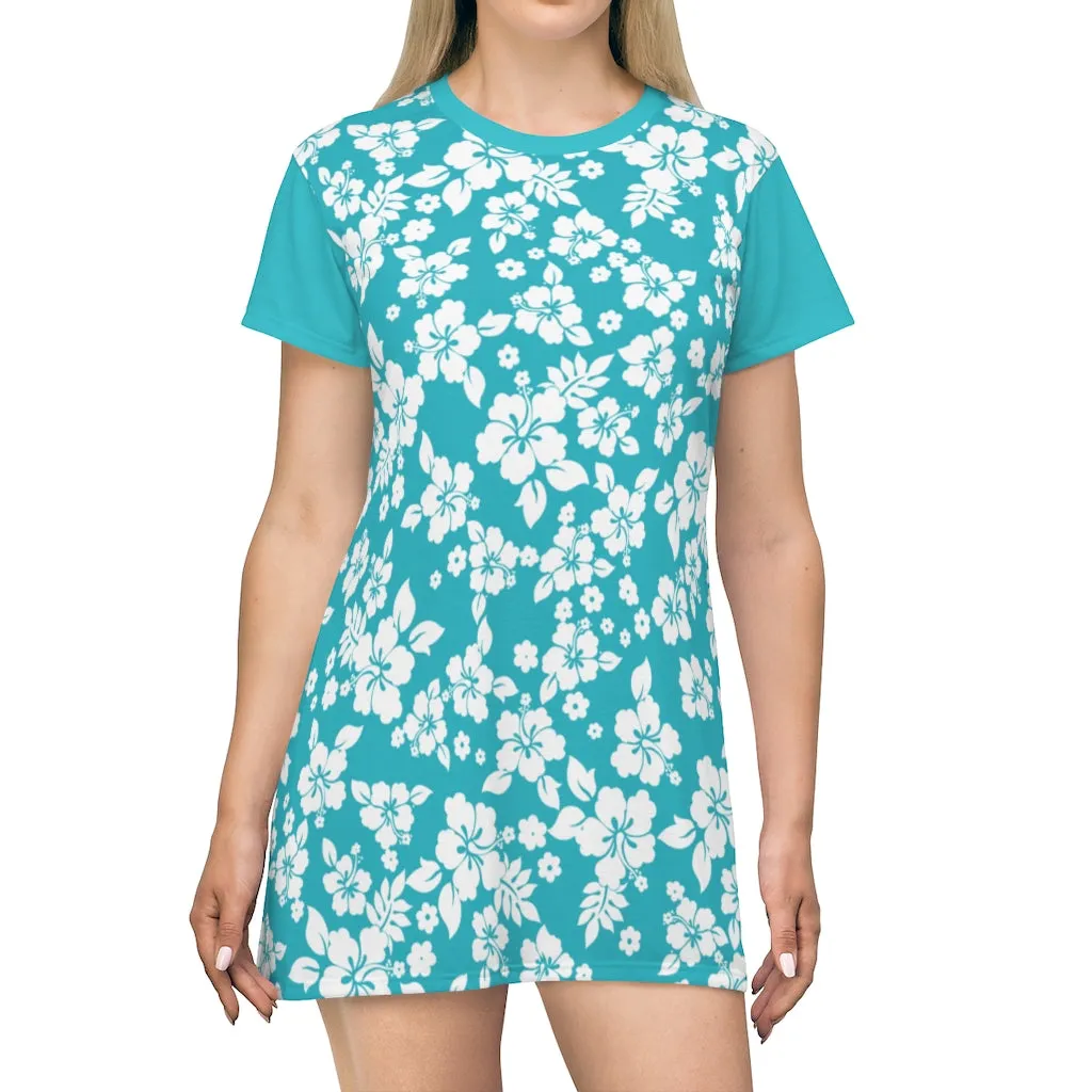 Teal and White Hibiscus Pattern T-Shirt Dress