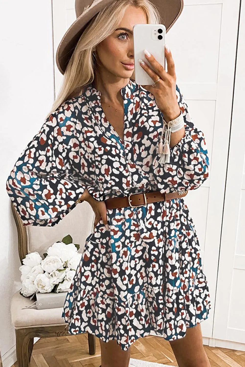 Teal Leopard Print Bubble Sleeve Shirt Dress