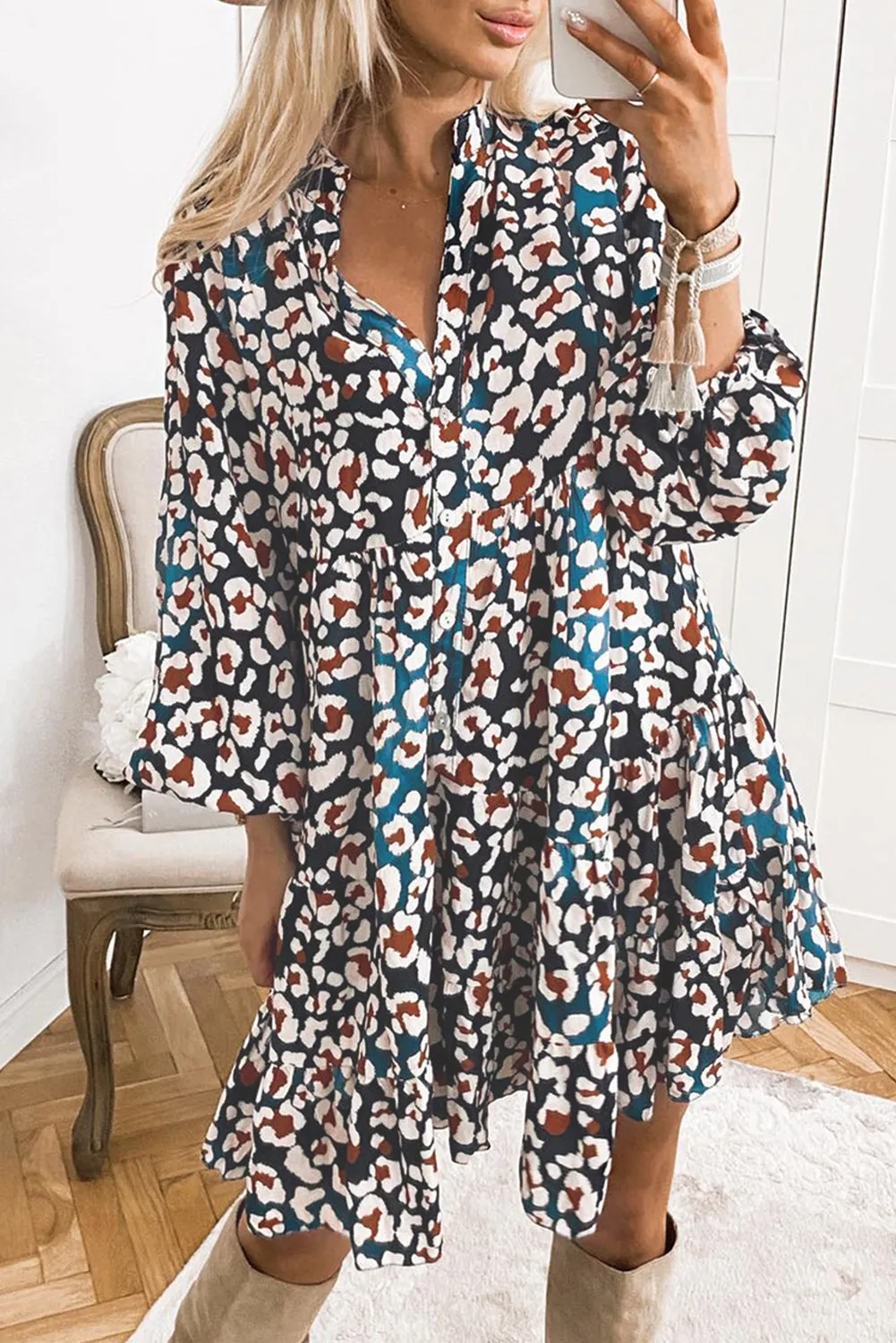 Teal Leopard Print Bubble Sleeve Shirt Dress