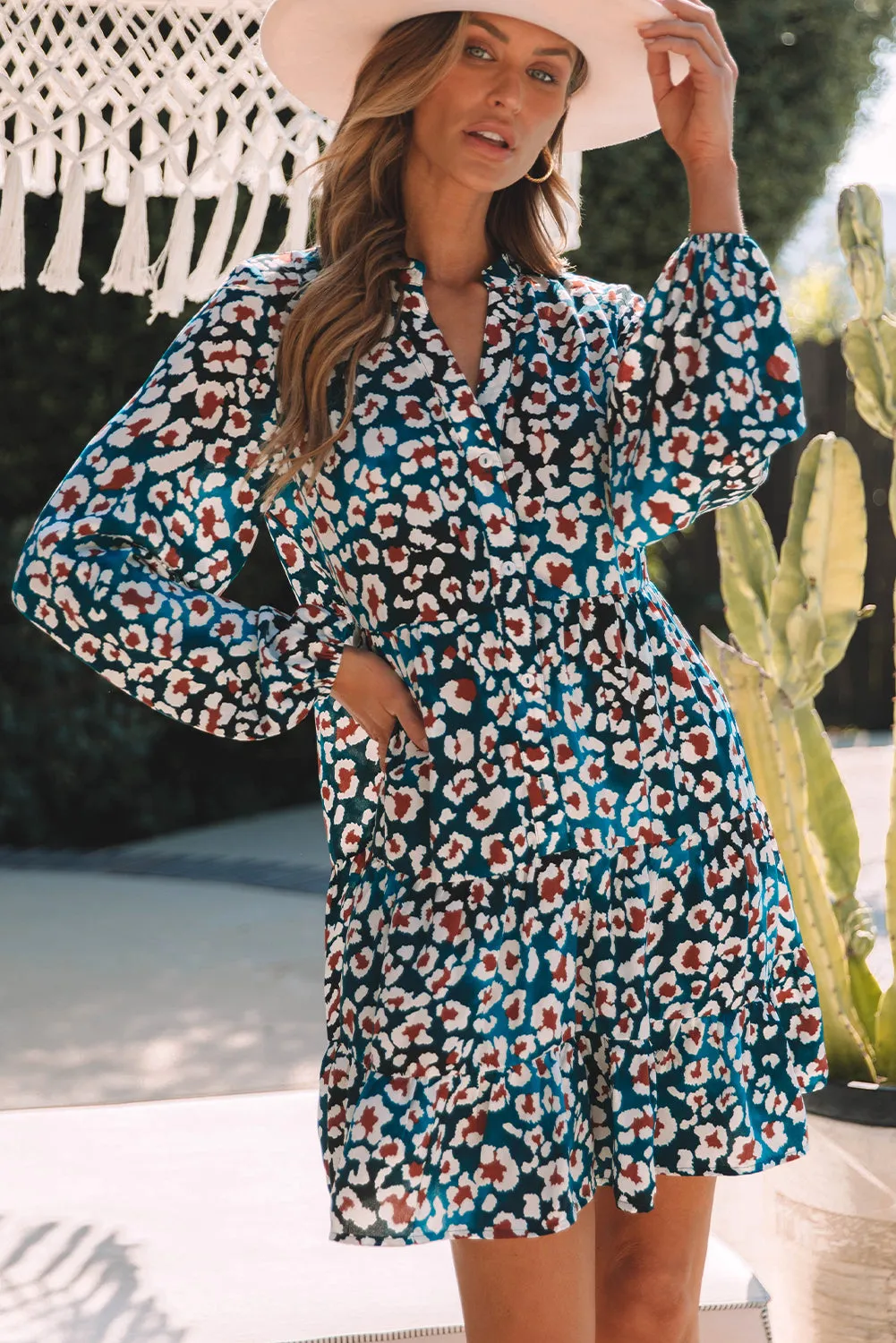 Teal Leopard Print Bubble Sleeve Shirt Dress