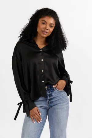 Think It Through Black Bow Cuff Satin Button Down Shirt FINAL SALE