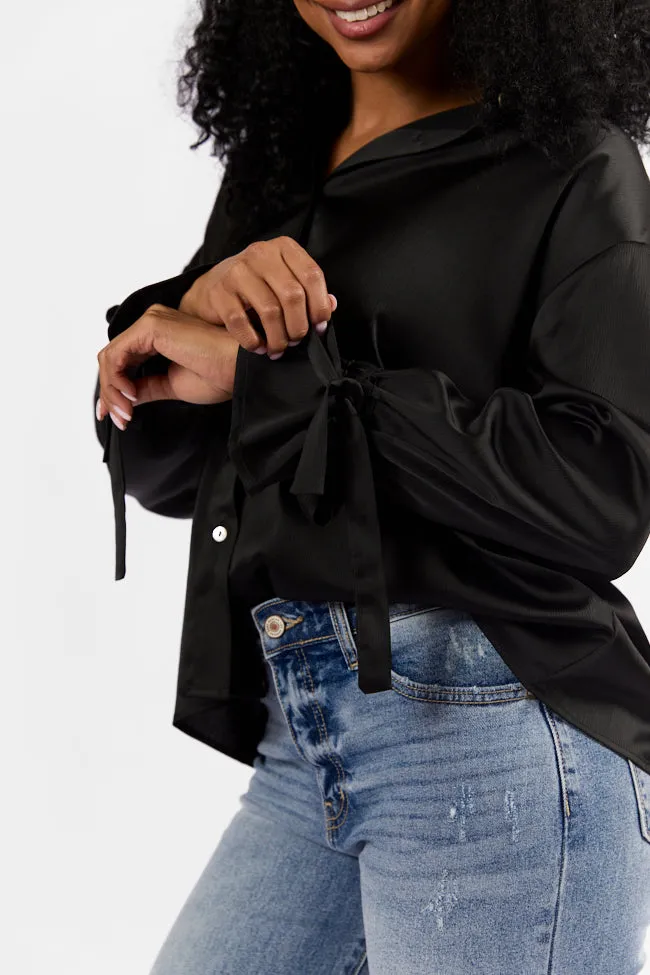 Think It Through Black Bow Cuff Satin Button Down Shirt FINAL SALE
