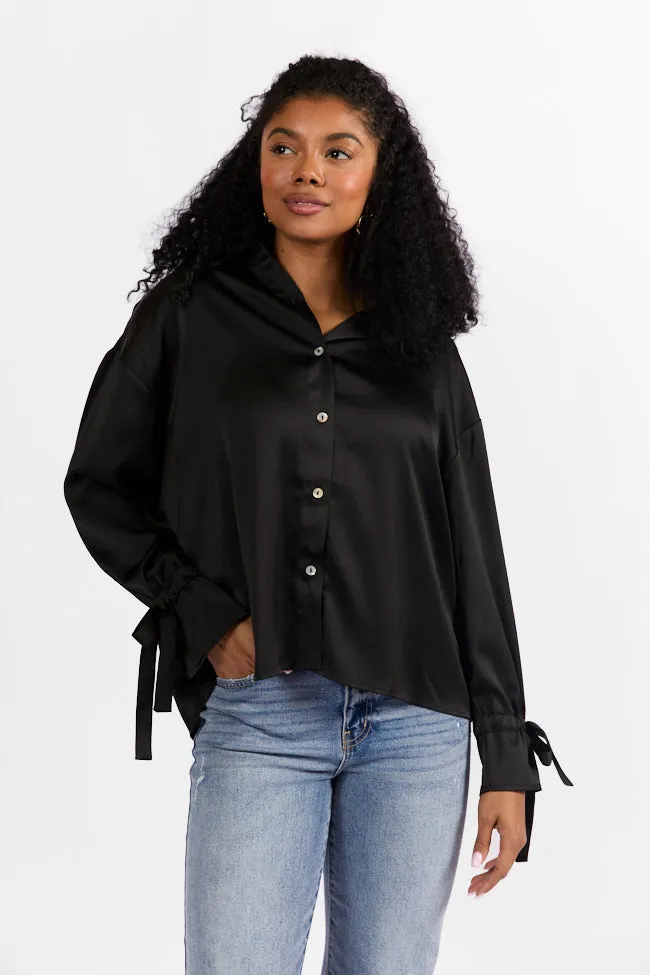 Think It Through Black Bow Cuff Satin Button Down Shirt FINAL SALE