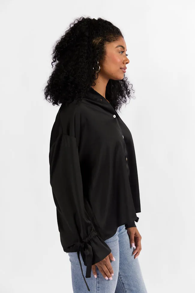 Think It Through Black Bow Cuff Satin Button Down Shirt FINAL SALE