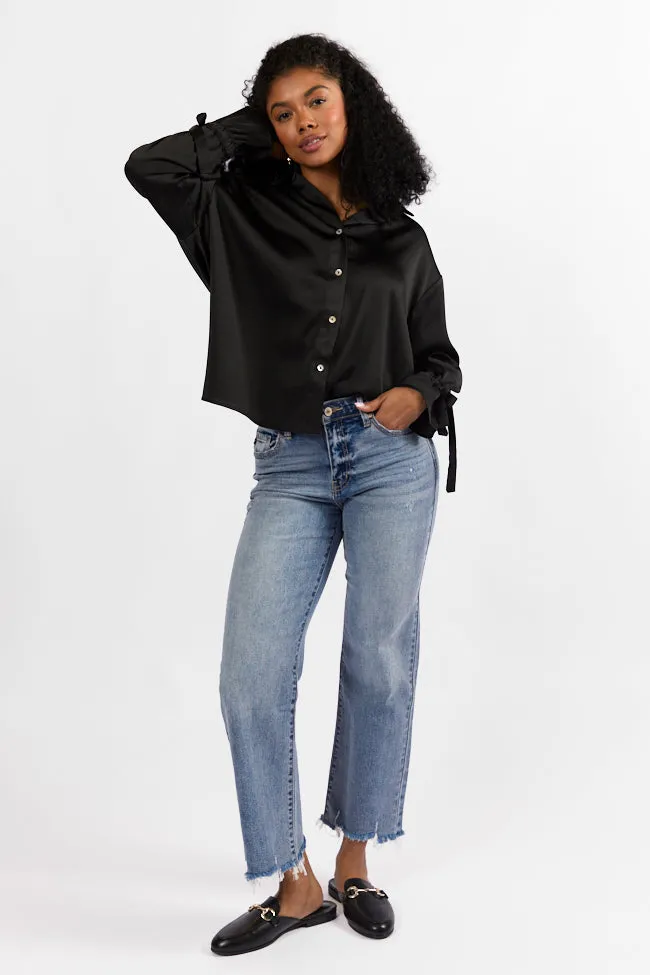 Think It Through Black Bow Cuff Satin Button Down Shirt FINAL SALE
