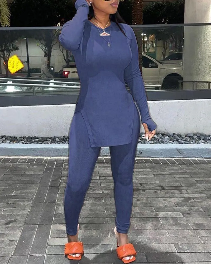 Thumb Hole Split Hem Top & Pencil Pants Set