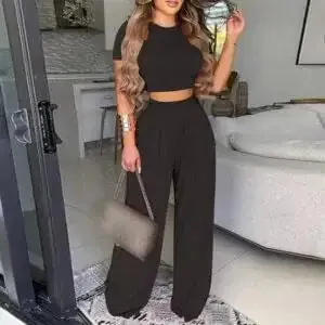 Two Piece Sets Elegant Short Sleeve Shirt   Wide Leg Pants Suits
