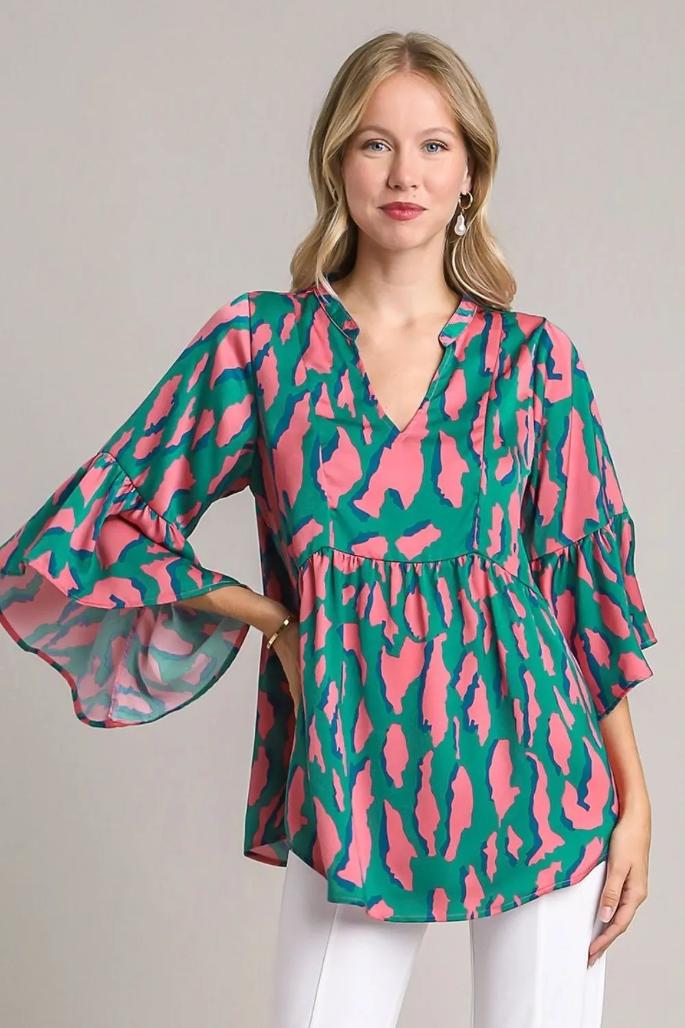 Umgee Satin Leopard 3/4 Bell Sleeve Babydoll Blouse