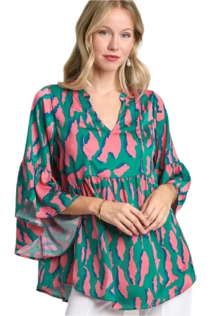 Umgee Satin Leopard 3/4 Bell Sleeve Babydoll Blouse