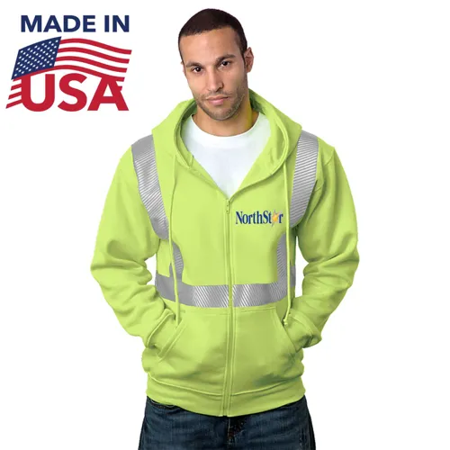 USA Made Class 2 Poly-Cotton Pre-Shrunk Segmented Safety Full Zip Hoodie