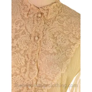 Vintage Buttercream Sheer Nylon Blouse Great Details Sheer Lace 1950s Med