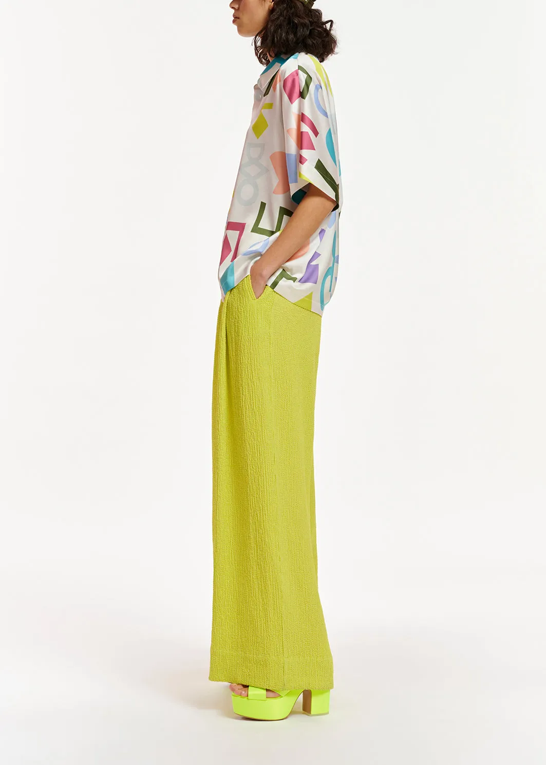 White abstract-printed satin shirt