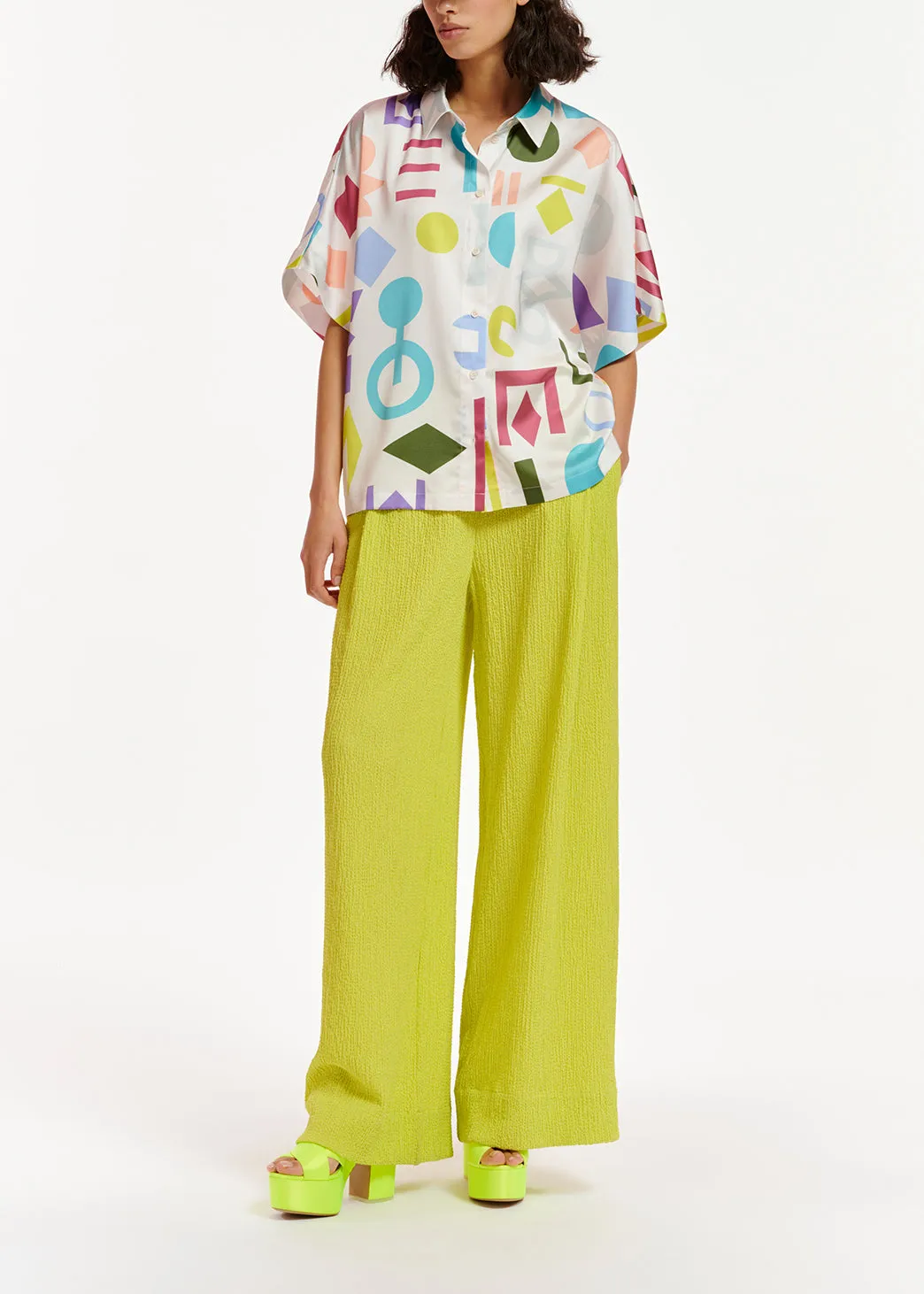 White abstract-printed satin shirt