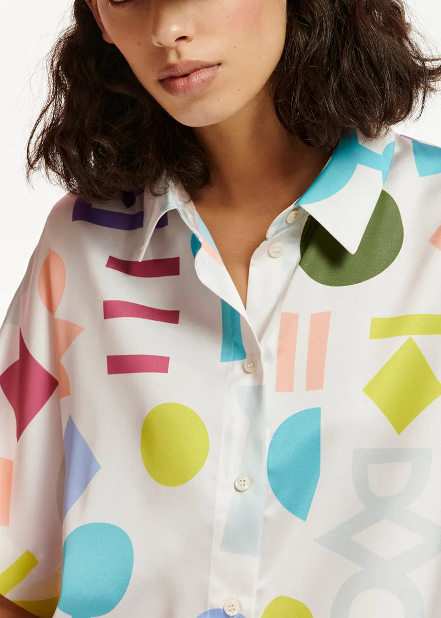 White abstract-printed satin shirt